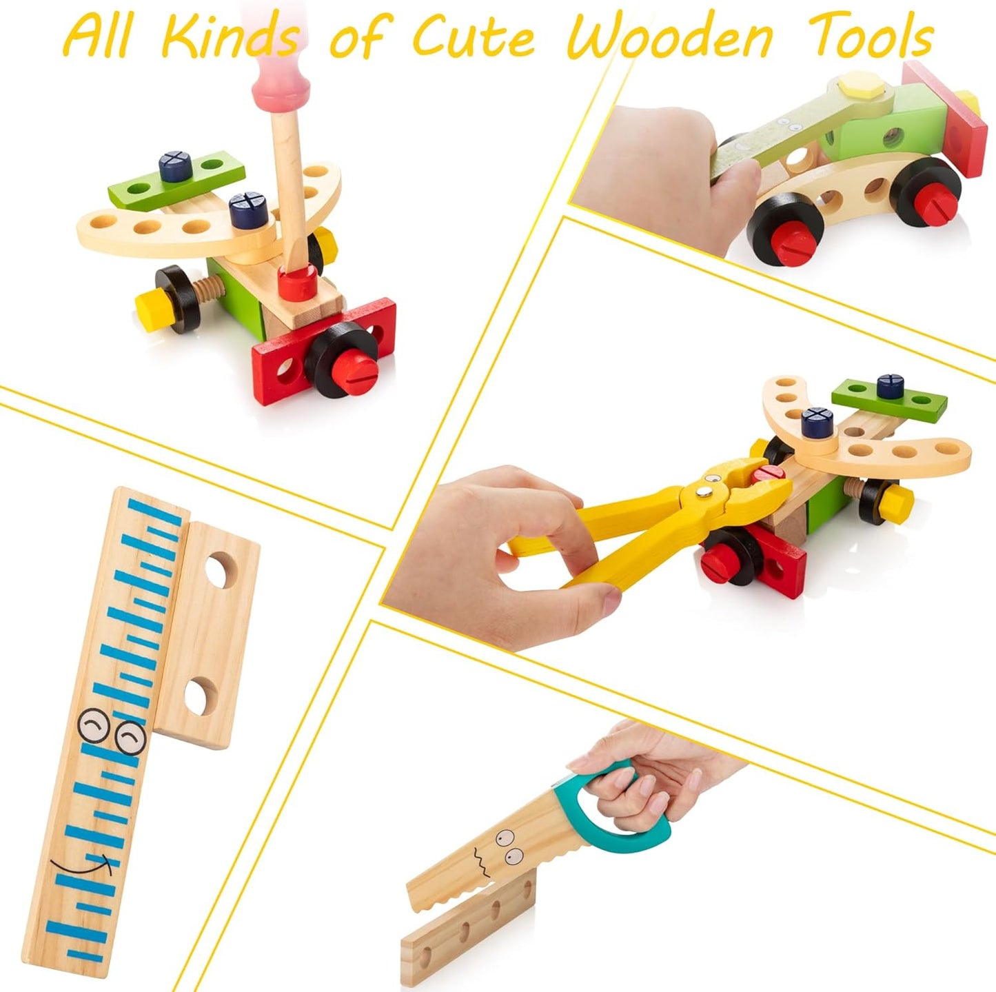 Tool Kit for Kids, Wooden Tool Box with 34pcs Wooden Tools