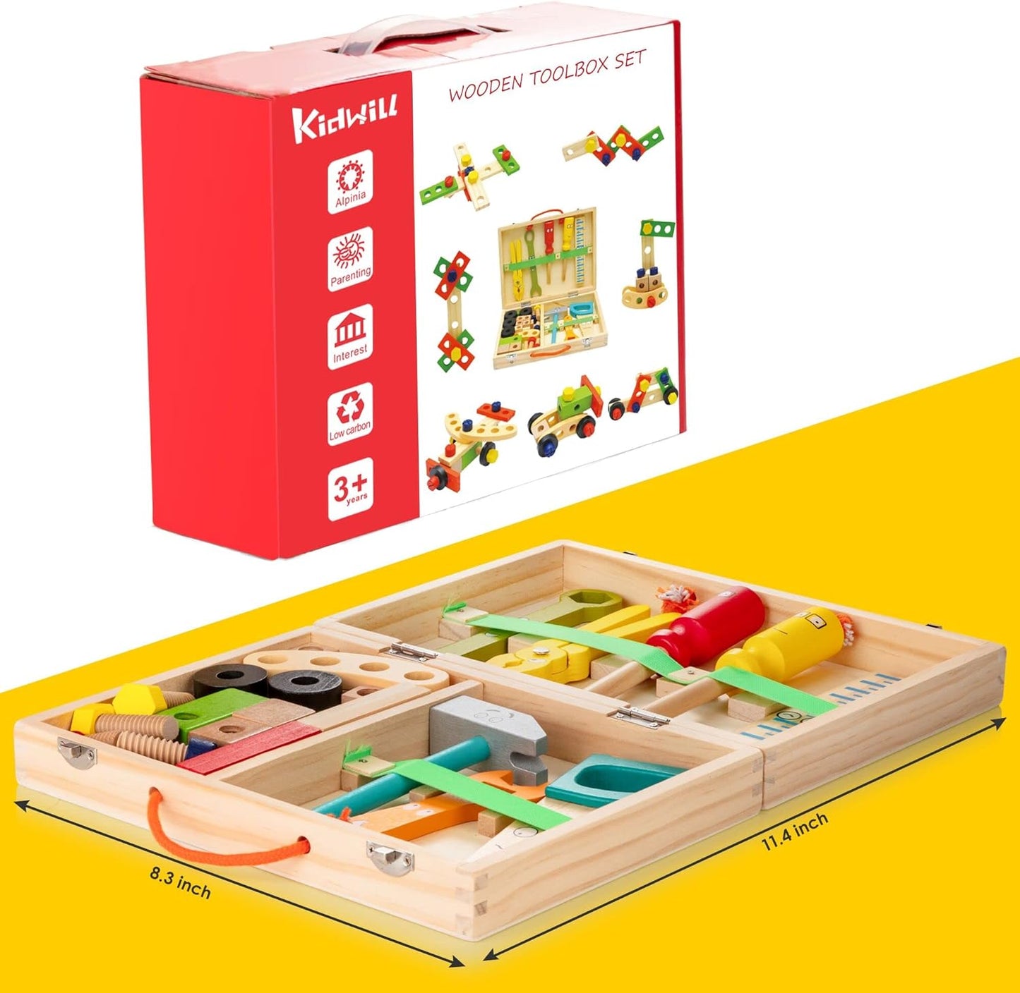 Tool Kit for Kids, Wooden Tool Box with 34pcs Wooden Tools