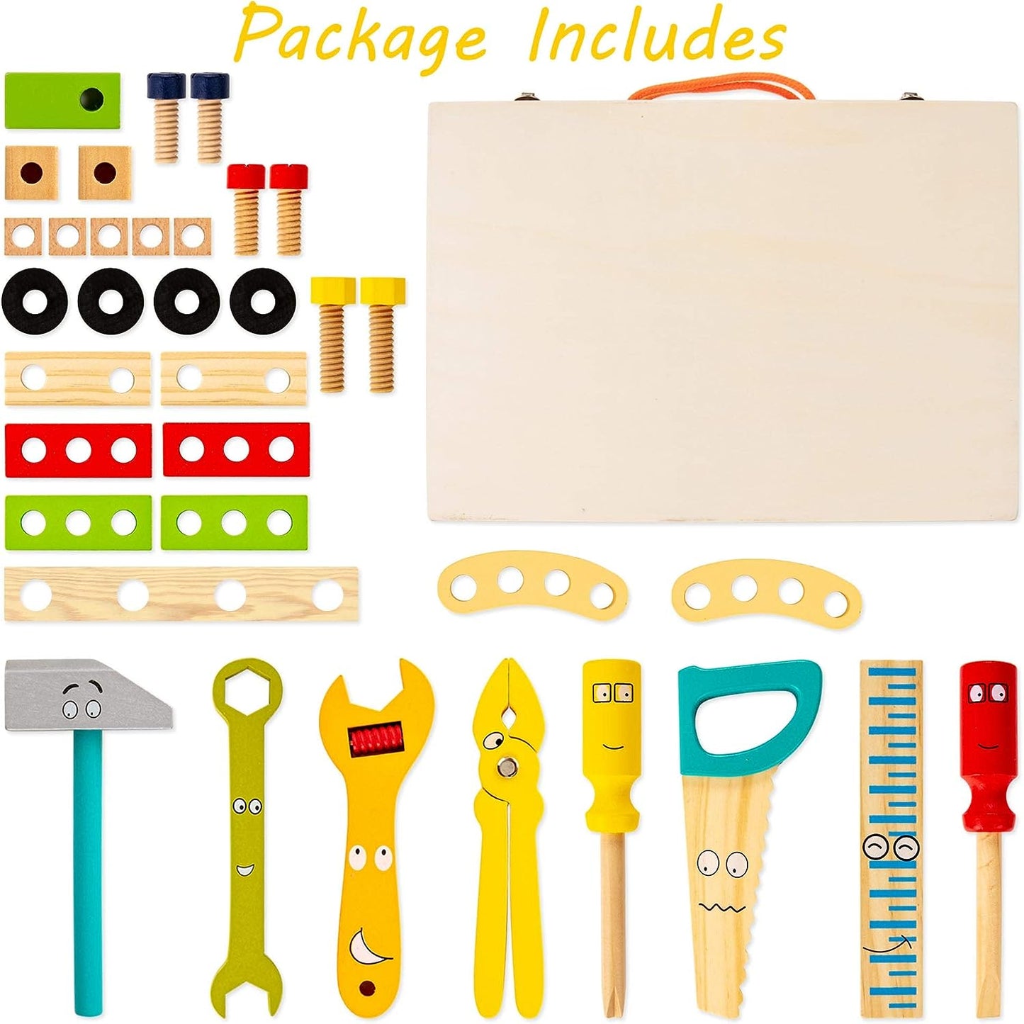 Tool Kit for Kids, Wooden Tool Box with 34pcs Wooden Tools