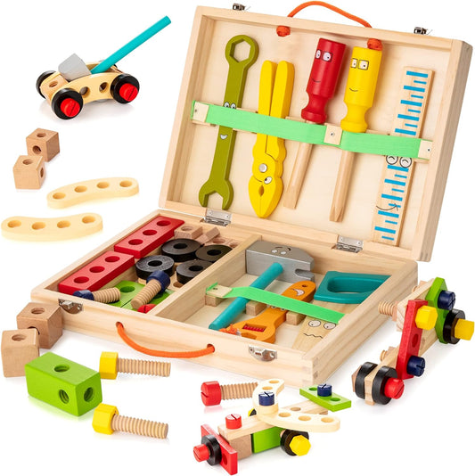 Tool Kit for Kids, Wooden Tool Box with 34pcs Wooden Tools